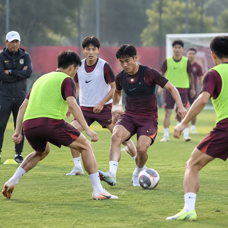 中国男足训练场景,球员进行战术演练,体现阵容磨合与比赛准备