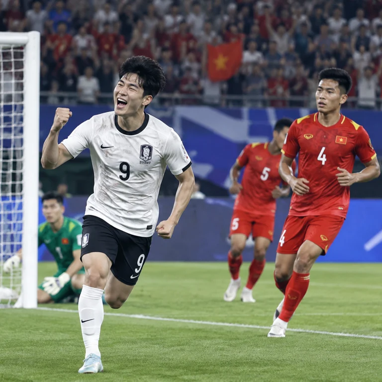 韩国U23男足与越南U23男足比赛场景，赛后比分显示韩国队4比0获胜